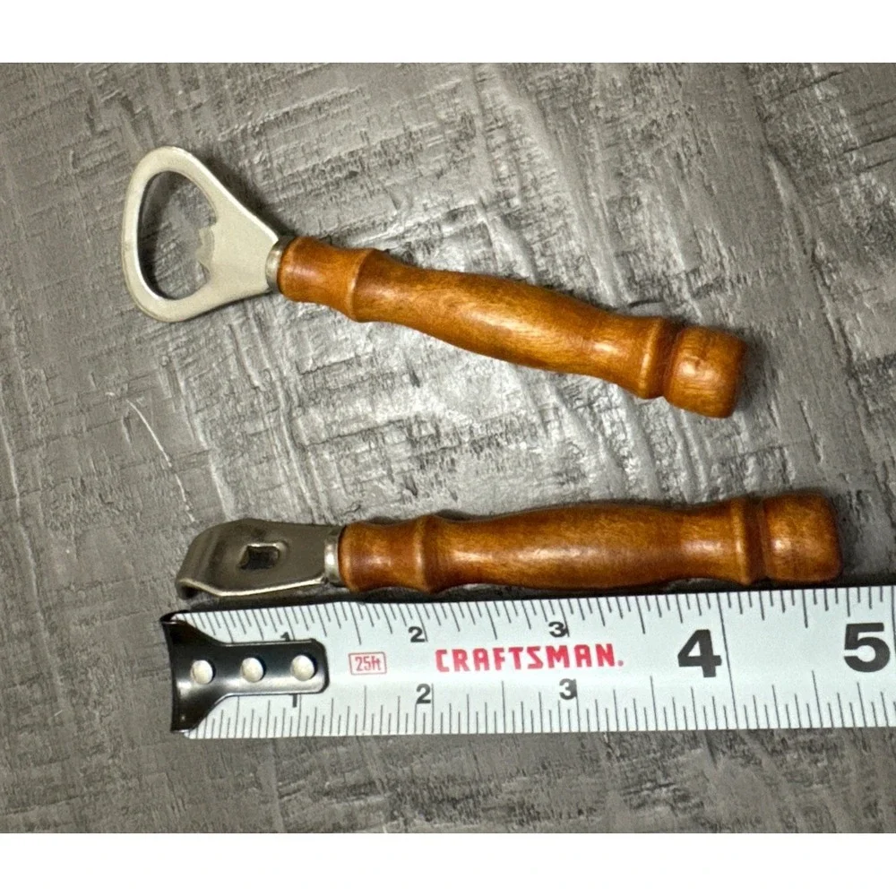Vintage Wooden Handle Bottle Opener & Can Piercer Set Mid Century‎ Barware
